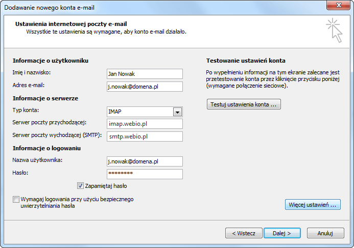 ustawienia internetowej poczty e-mail