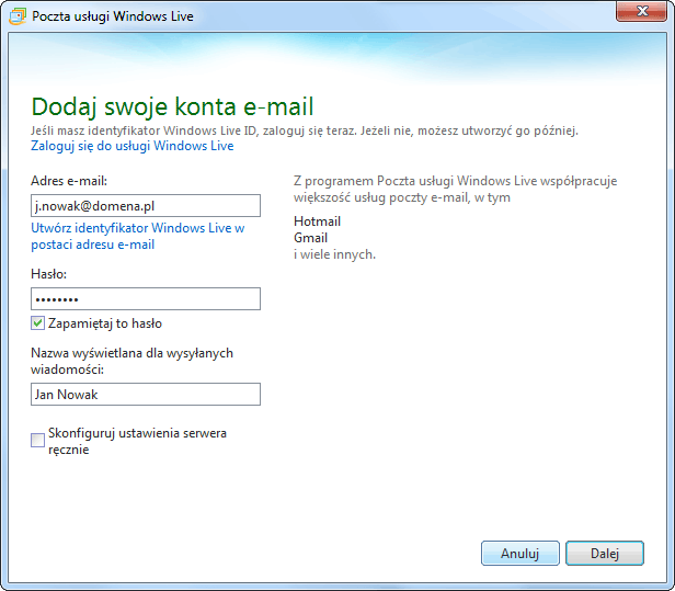 dodaj swoje konta email